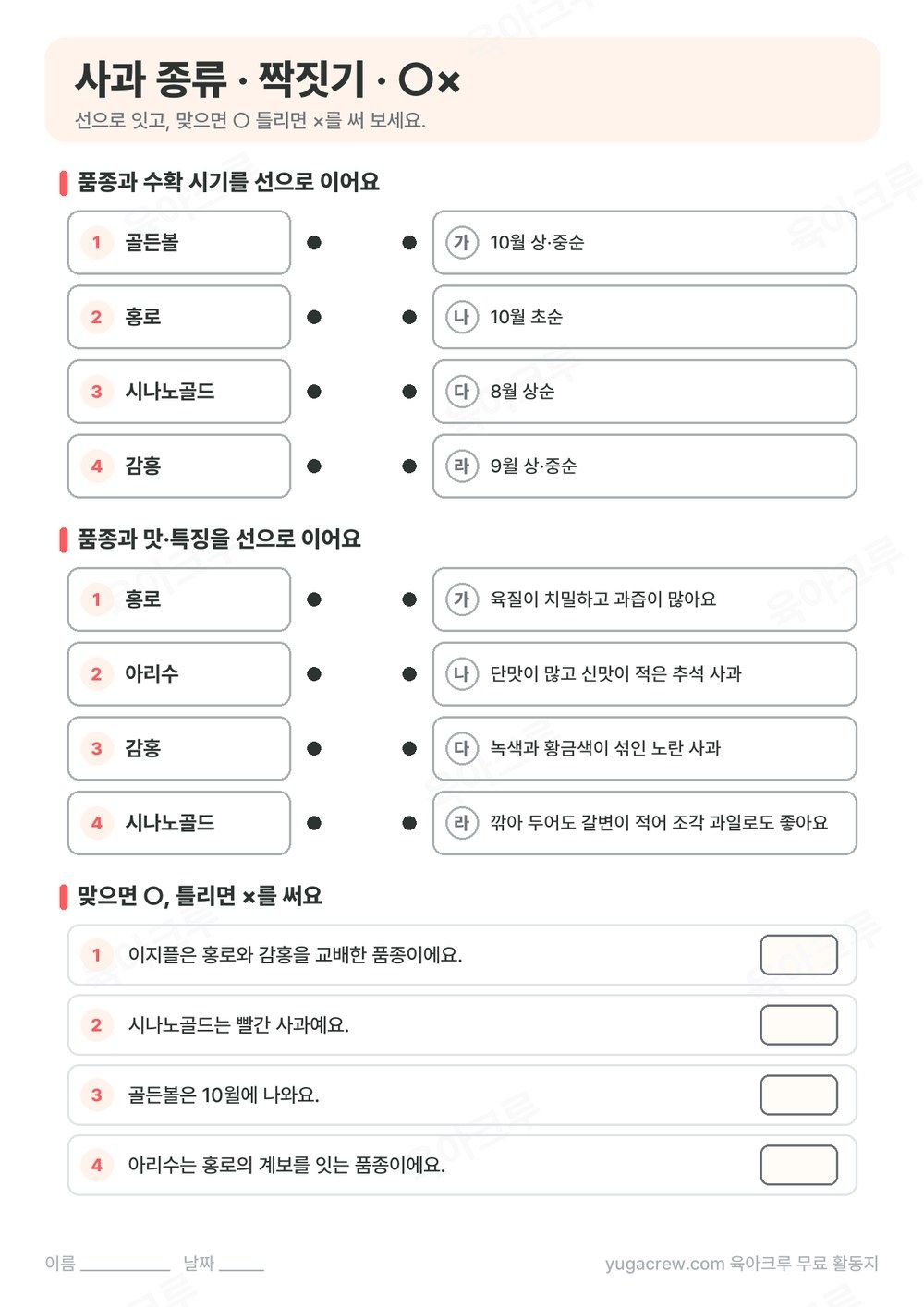 사과 품종과 수확 시기, 맛을 잇는 짝짓기 문제와 ○× 문제