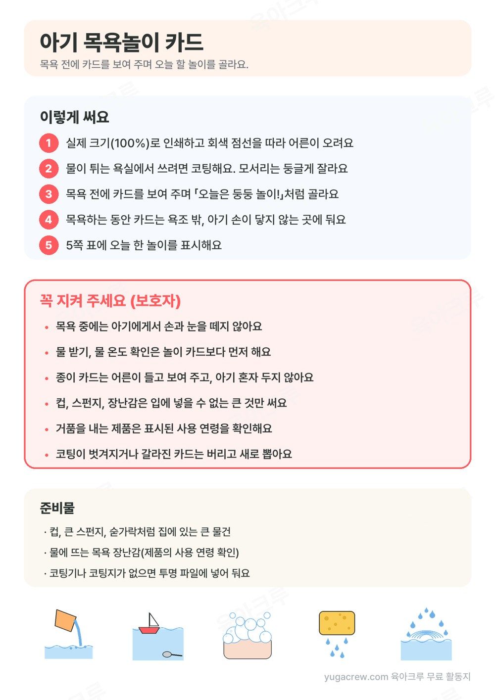 쓰는 법 다섯 단계와 목욕 중에는 아기에게서 손과 눈을 떼지 않아요 같은 보호자 당부, 준비물이 적힌 아기 목욕놀이 카드 첫 쪽