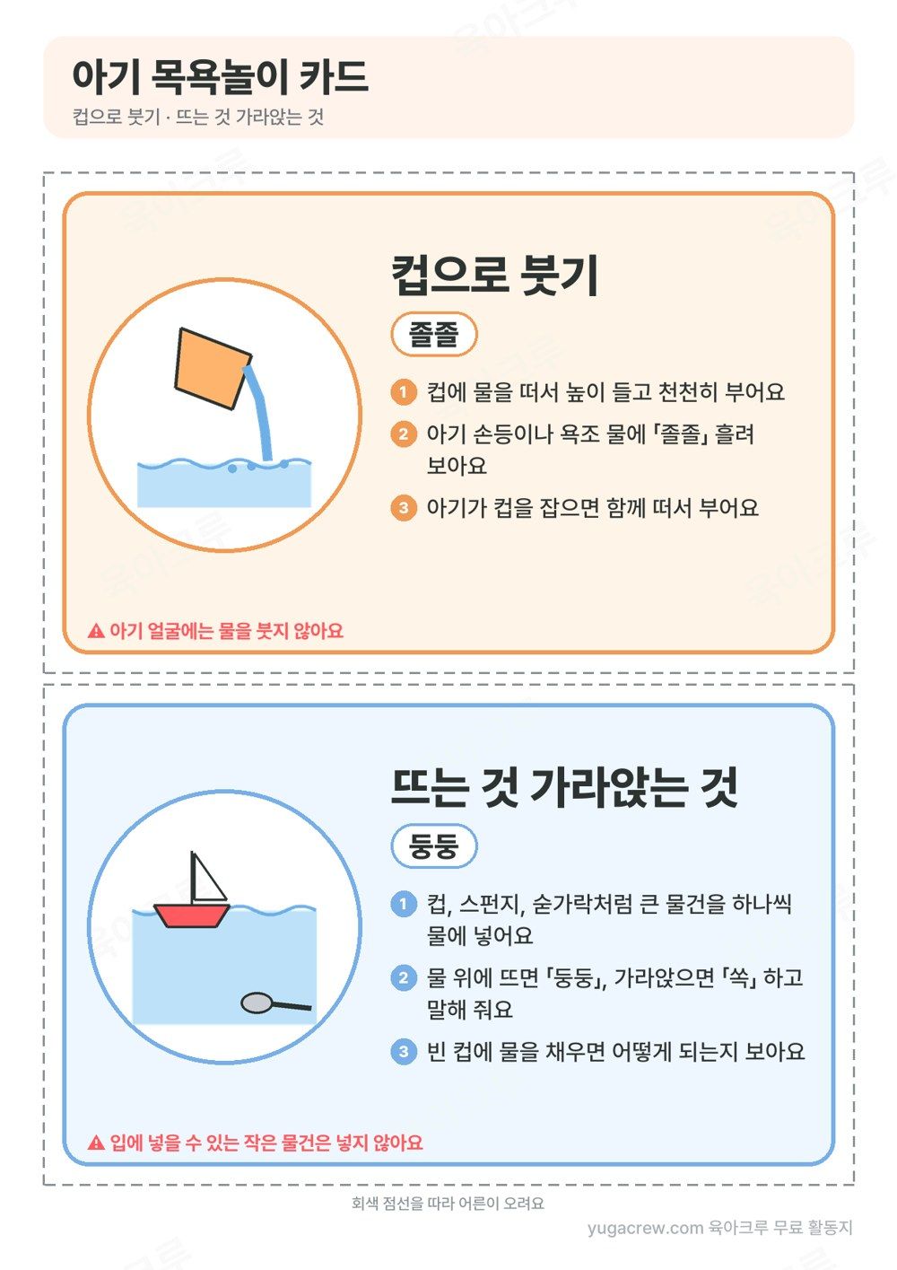 컵에서 물이 흘러내리는 그림과 졸졸, 물 위에 뜬 배와 가라앉은 숟가락 그림과 둥둥 느낌 말이 적힌 목욕놀이 카드 두 장