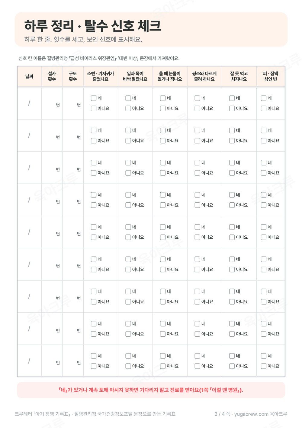 날짜별 설사 구토 횟수와 탈수 신호 네 아니요 칸이 있는 하루 정리 표