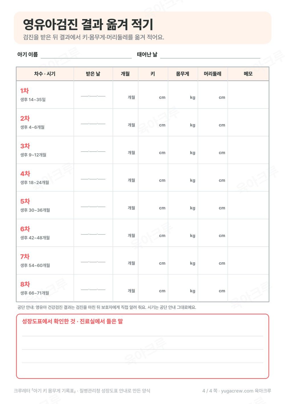 1차부터 8차까지 영유아검진 시기와 받은 날 키 몸무게 머리둘레 칸이 있는 결과 옮겨 적기 쪽