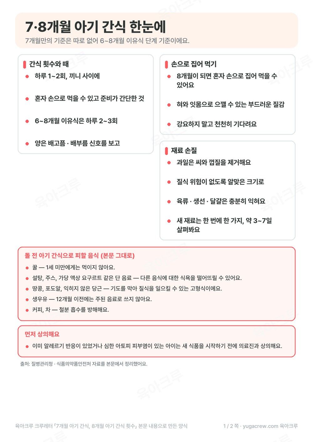 간식 횟수, 손으로 집어 먹기, 재료 손질과 돌 전에 피할 음식을 정리한 A4 한 장