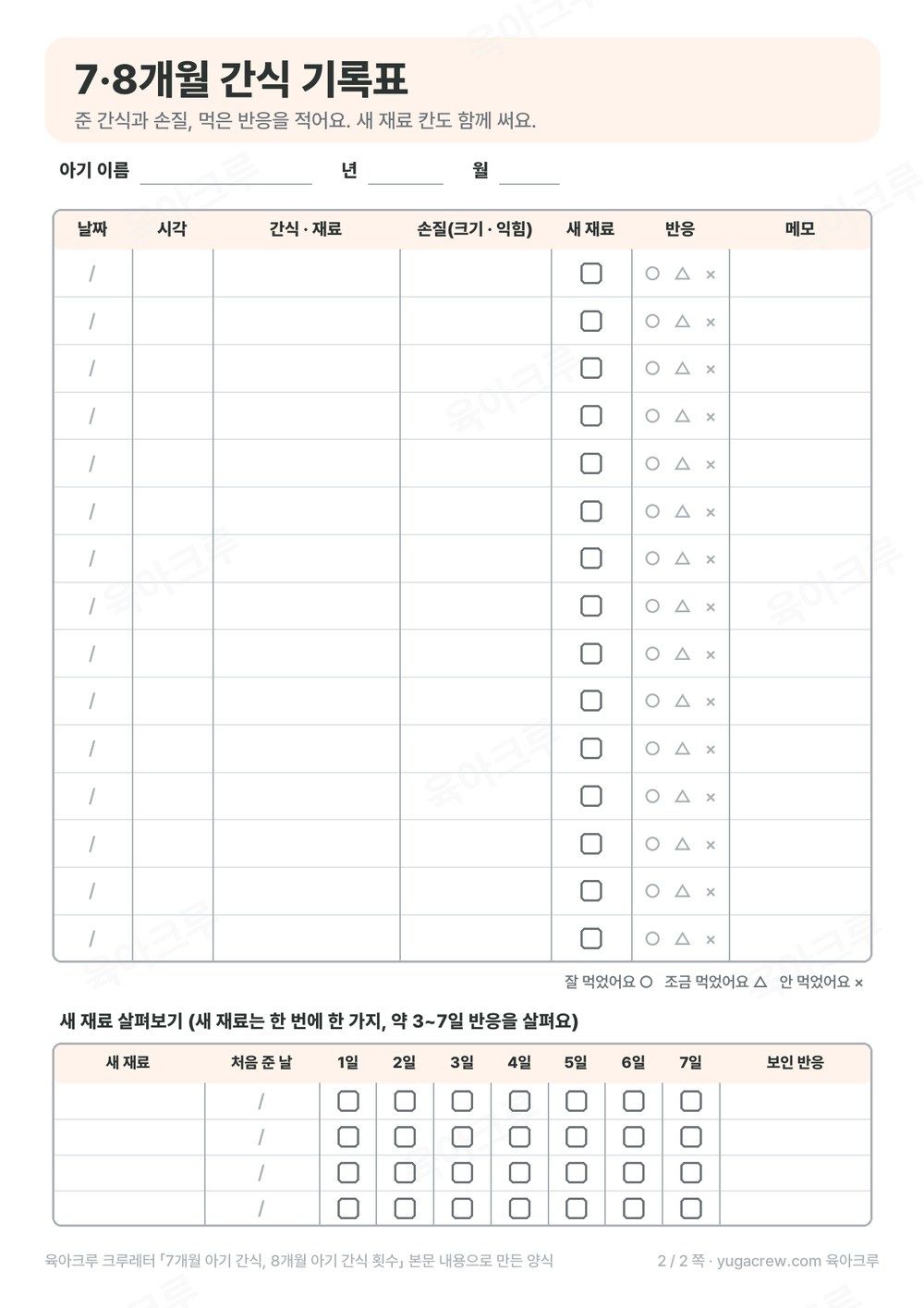 날짜, 간식, 손질, 반응을 적는 간식 기록표와 새 재료 7일 살펴보기 칸