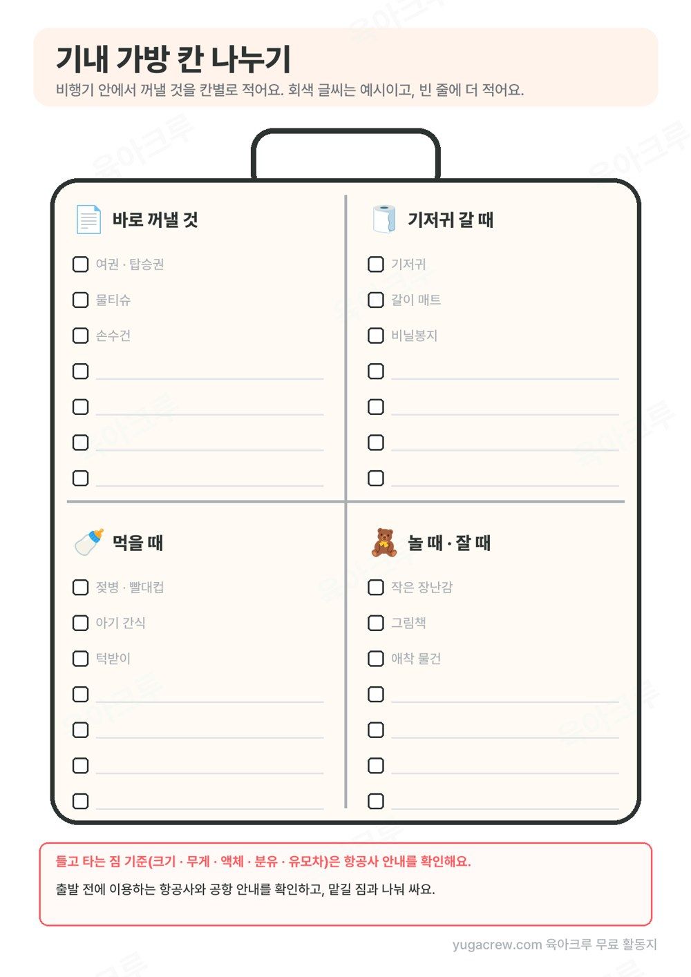 가방 모양을 네 칸으로 나눠 바로 꺼낼 것, 기저귀 갈 때, 먹을 때, 놀 때·잘 때를 적는 기내 가방 쪽
