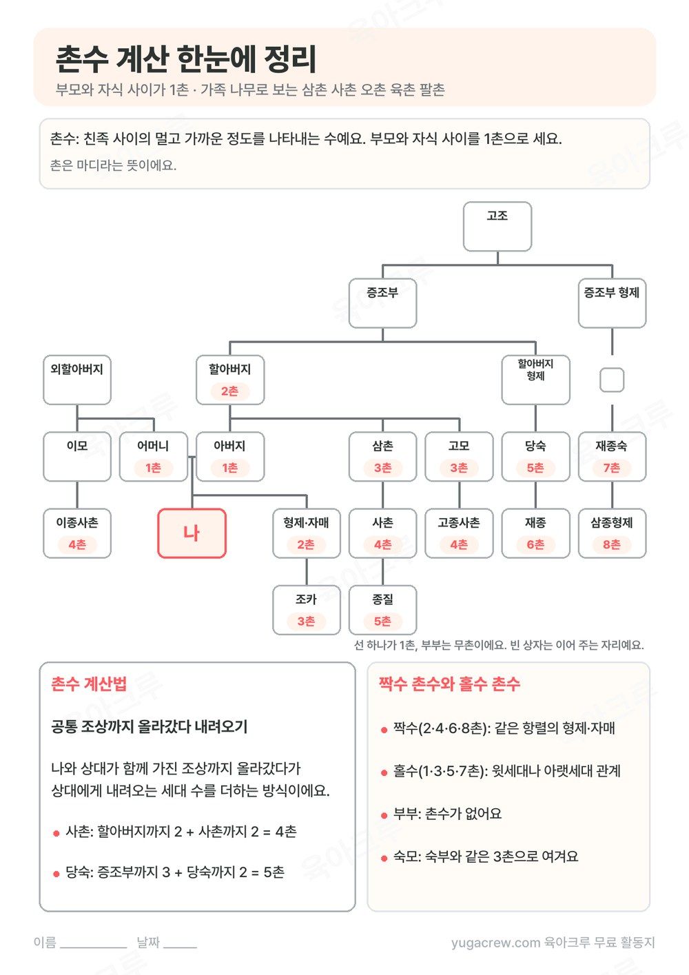 나를 가운데 두고 삼촌, 사촌, 당숙, 재종, 삼종형제까지 촌수를 적은 가족 나무 A4 학습지