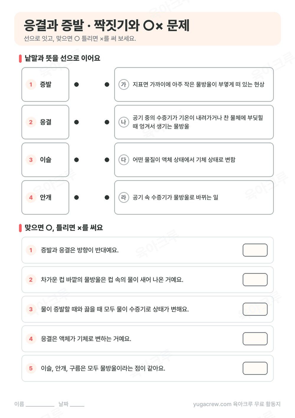 증발, 응결, 이슬, 안개를 뜻과 선으로 잇는 문제와 ○× 문제