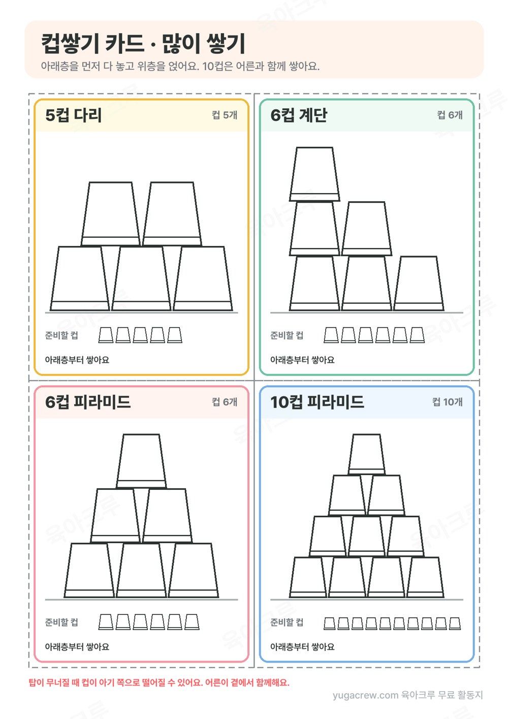 5컵 다리, 6컵 계단, 6컵 피라미드, 10컵 피라미드 그림이 있는 컵쌓기 패턴 카드 네 장