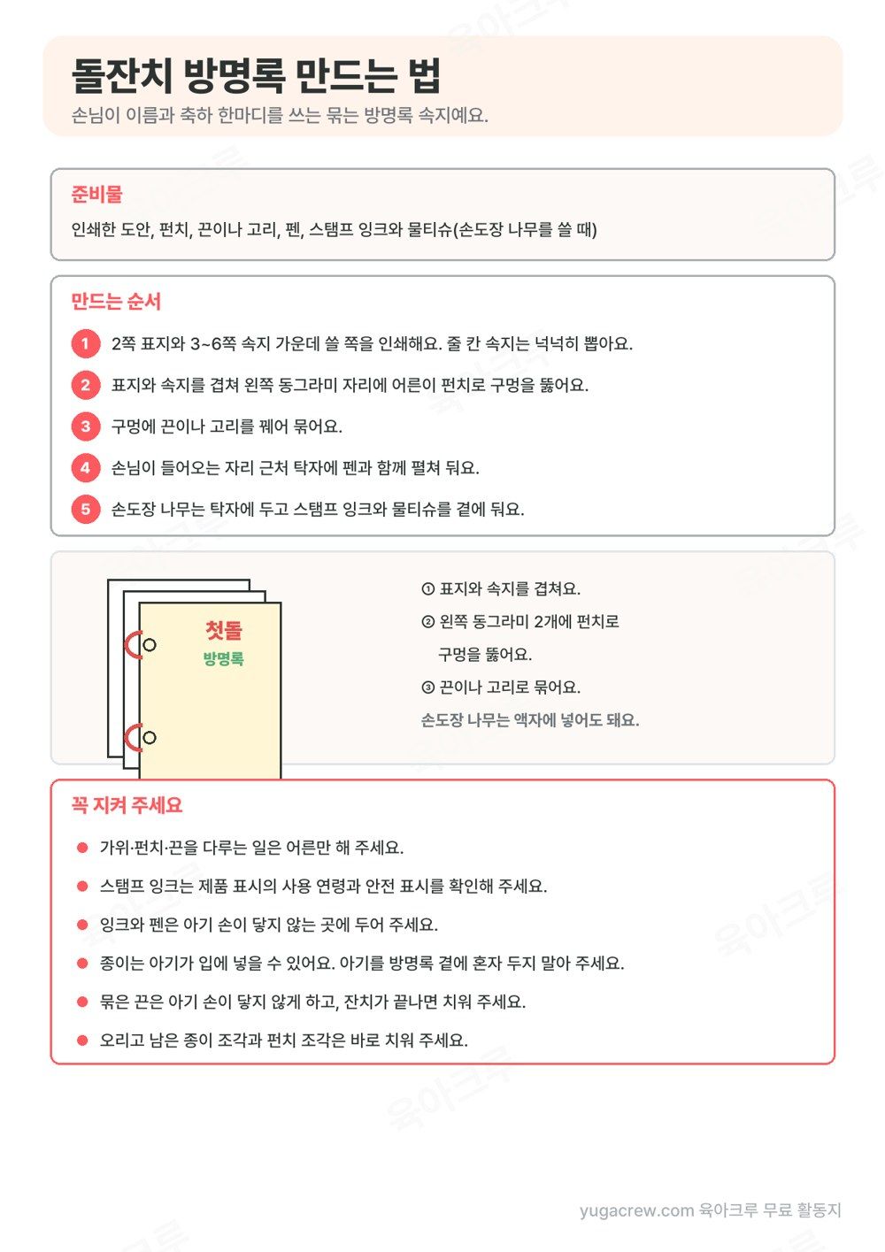돌잔치 방명록 준비물과 만드는 순서 5단계, 펀치 구멍에 끈을 꿰어 묶는 그림, 꼭 지킬 것 6가지가 적힌 안내 쪽