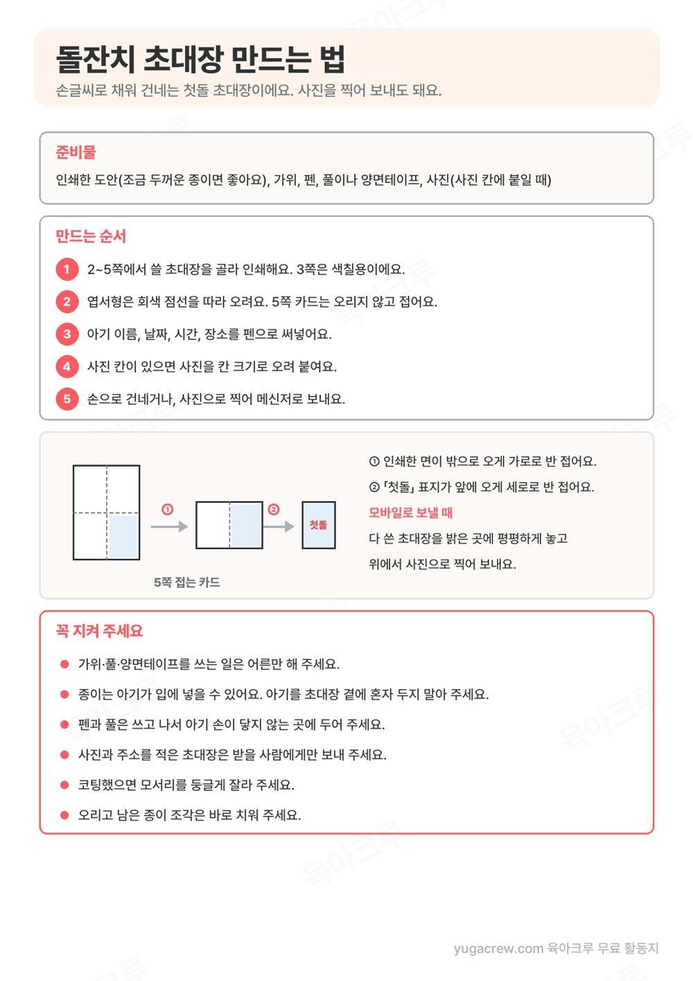 돌잔치 초대장 준비물과 만드는 순서 5단계, 네 번 접는 카드 접는 그림과 사진으로 찍어 보내는 법, 꼭 지킬 것 6가지가 적힌 안내 쪽