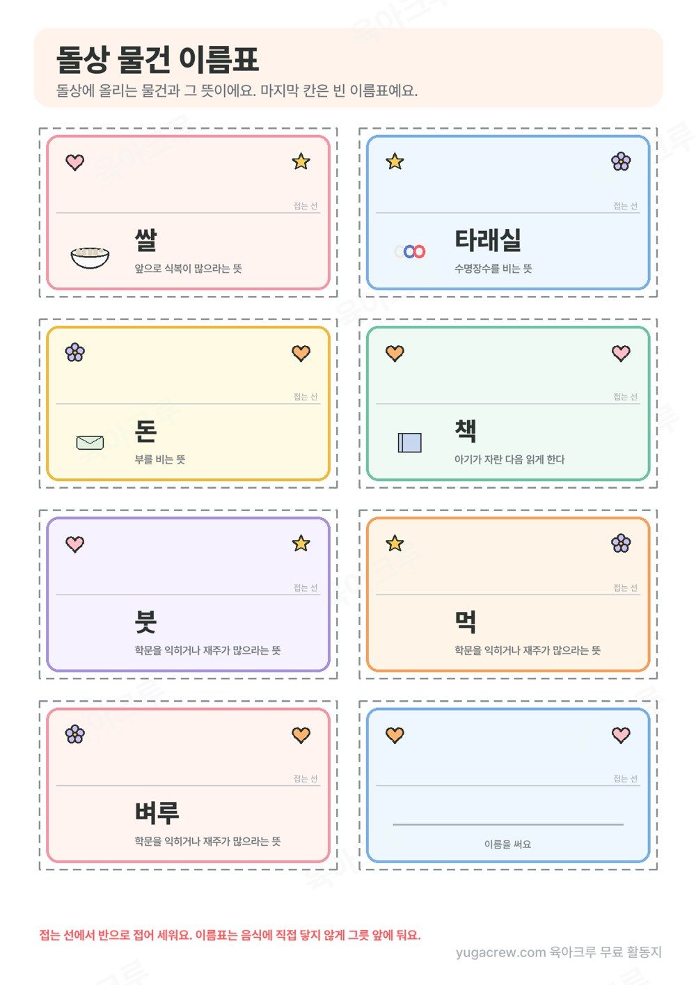 쌀, 타래실, 돈, 책, 붓, 먹, 벼루 이름과 뜻이 적힌 돌상 물건 이름표와 빈 이름표