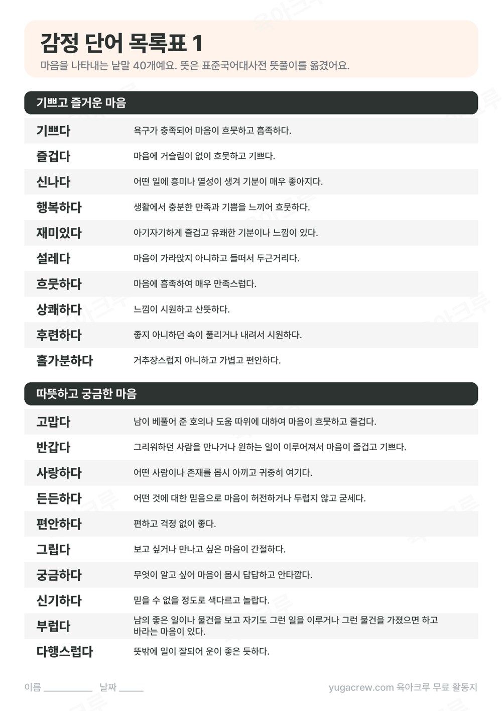 감정 단어 목록표 기쁘다 즐겁다 신나다 행복하다 설레다 고맙다 반갑다