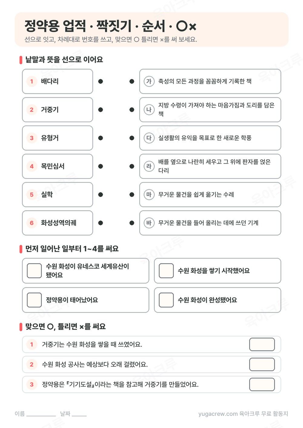 배다리, 거중기, 유형거, 목민심서, 실학, 화성성역의궤를 뜻과 선으로 잇는 문제와 순서 맞추기, ○× 문제