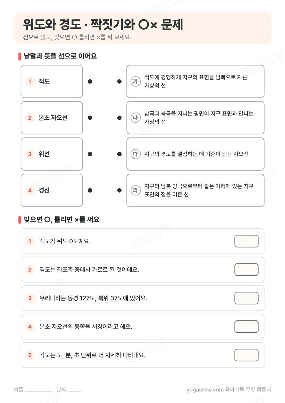 적도, 본초 자오선, 위선, 경선을 뜻과 선으로 잇는 문제와 ○× 문제