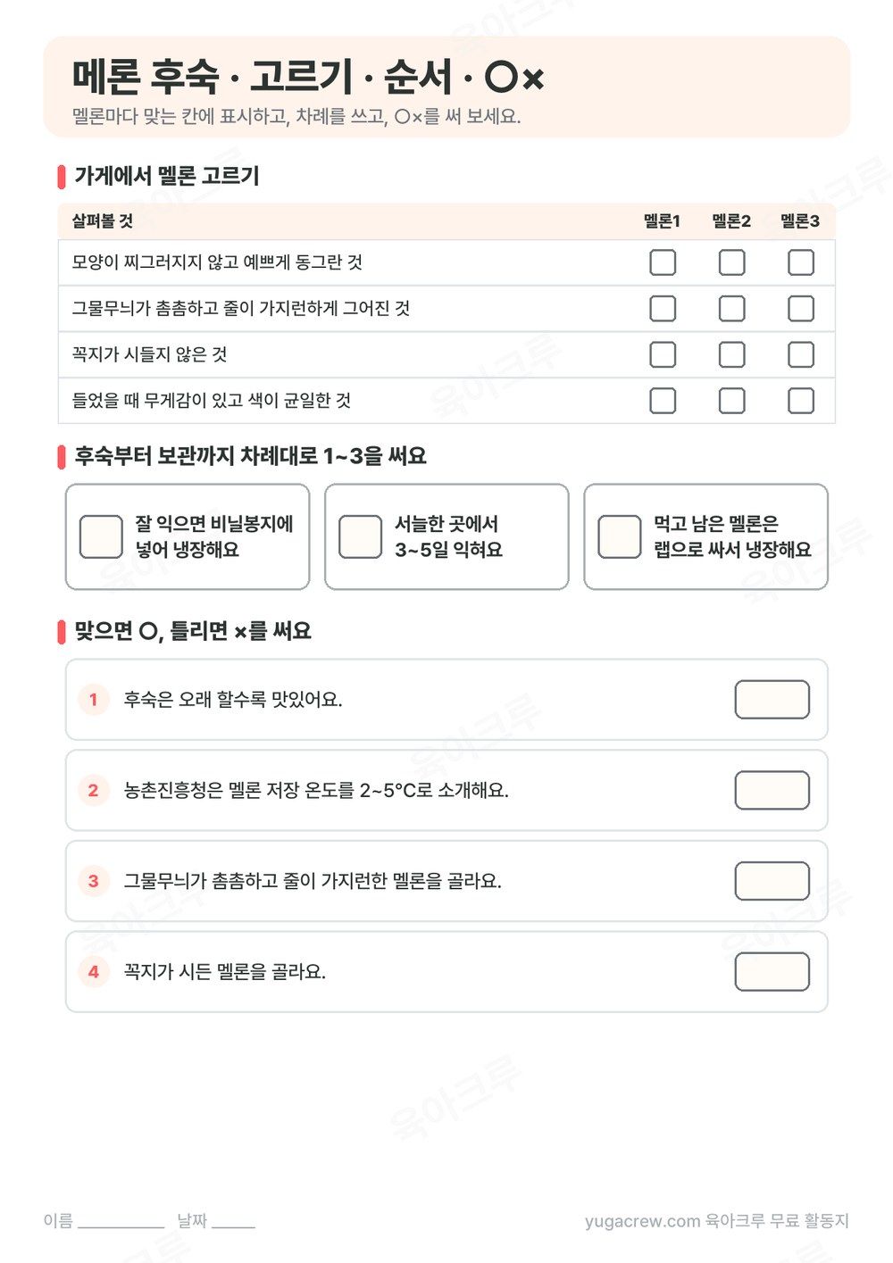 가게에서 멜론 고르기 체크리스트와 후숙 순서 맞추기, ○× 문제