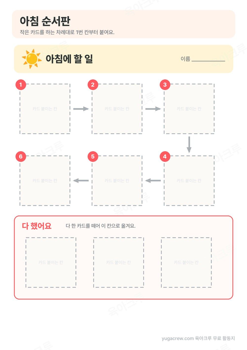 해 그림과 「아침에 할 일」 띠 아래 번호 1~6이 붙은 카드 칸이 화살표로 이어지고, 맨 아래에 「다 했어요」 칸이 있는 아침 순서판