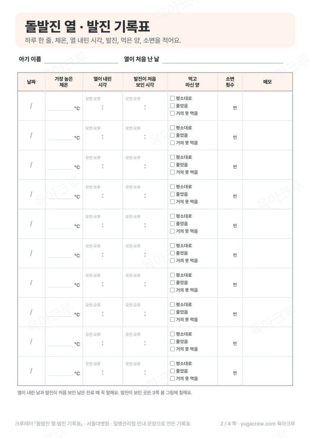날짜 가장 높은 체온 열이 내린 시각 발진이 처음 보인 시각 먹고 마신 양 소변 횟수 칸이 있는 돌발진 열 발진 기록표