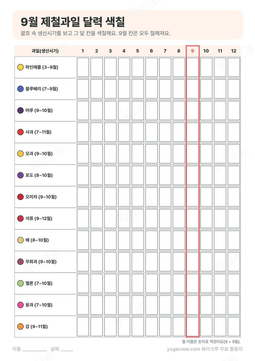 과일 13가지 생산시기를 1월부터 12월 칸에 칠하는 제철 달력 색칠 활동지