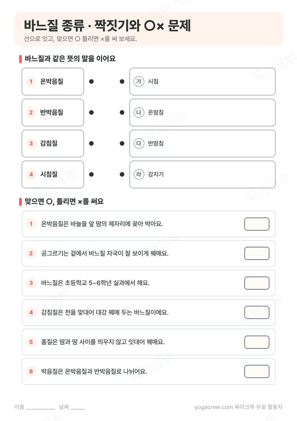 온박음질, 반박음질, 감침질, 시침질을 같은 뜻의 말과 잇는 문제와 ○× 문제