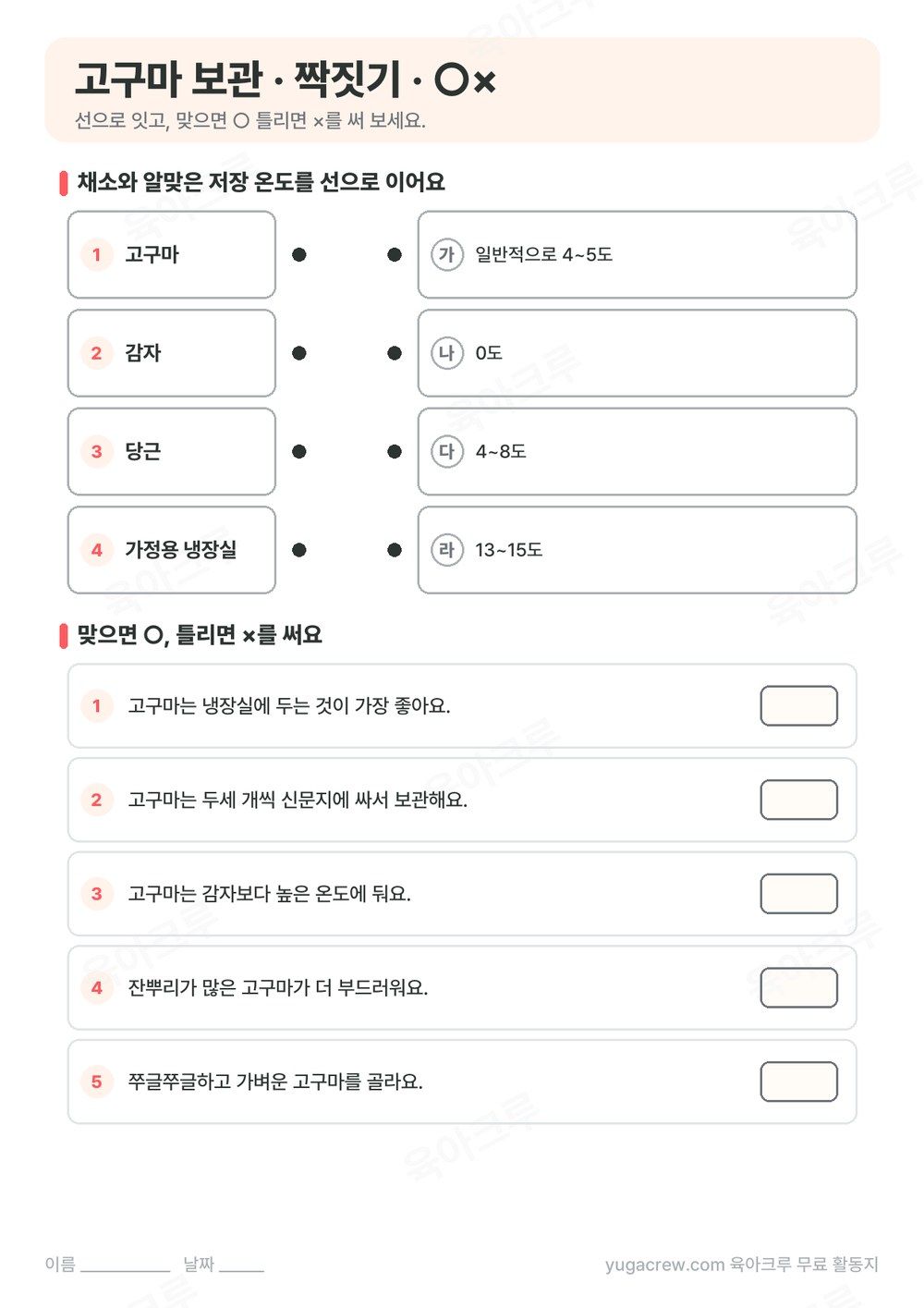 채소와 저장 온도를 잇는 짝짓기 문제와 ○× 문제