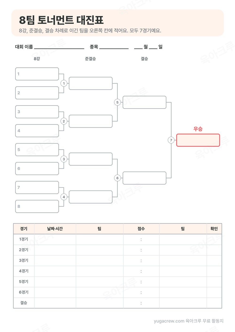 8강과 준결승, 결승 칸이 선으로 이어진 8팀 토너먼트 대진표와 경기 결과표